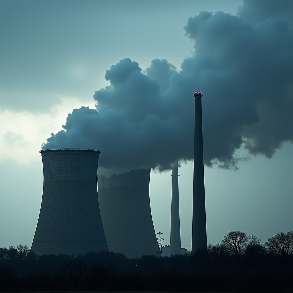Close up of multiple coal plant chimneys emitting thick gray smoke against a heavy overcast sky, dramatic lighting, realistic photography of industrial pollution, 4:3