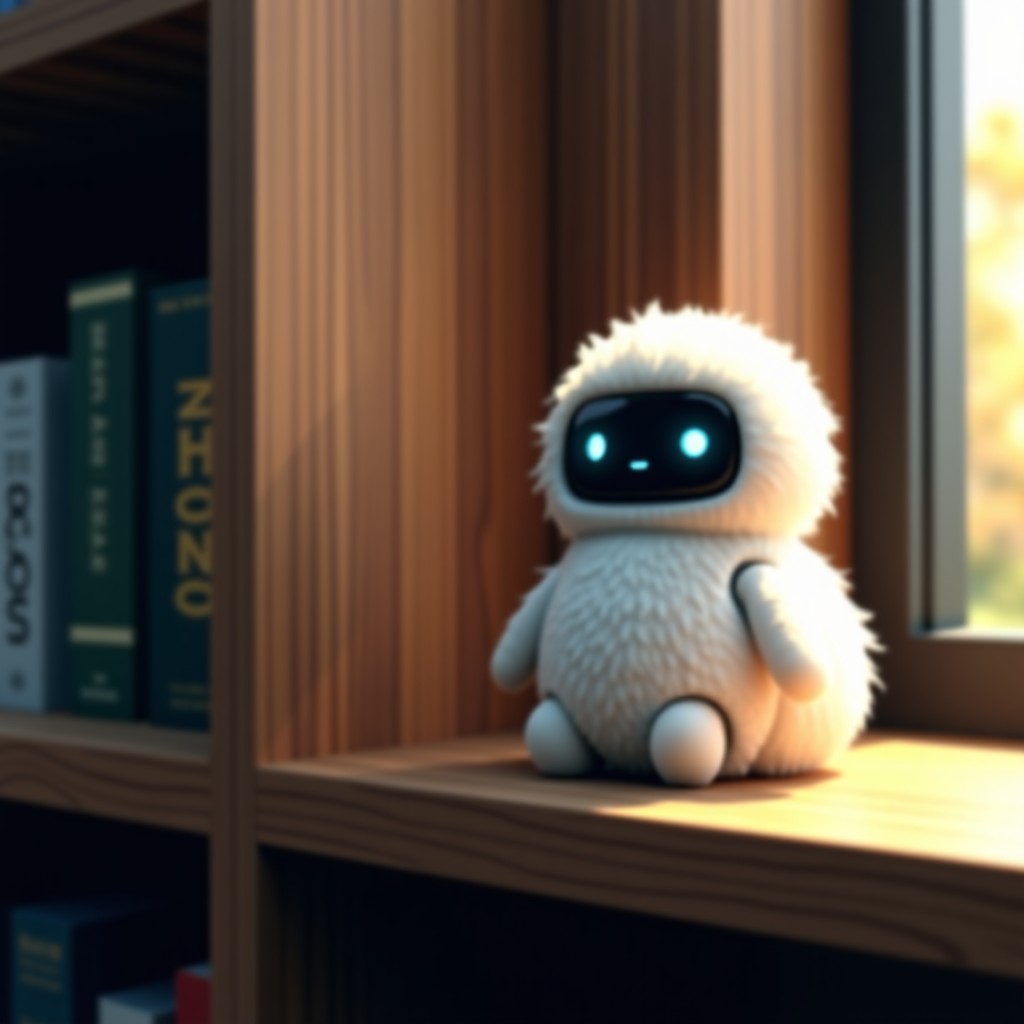 A small fluffy robot pet sitting alone on a bookshelf in a modern room. The robot looks like a simple decorative object. Cinematic lighting with deep shadows. 4:3