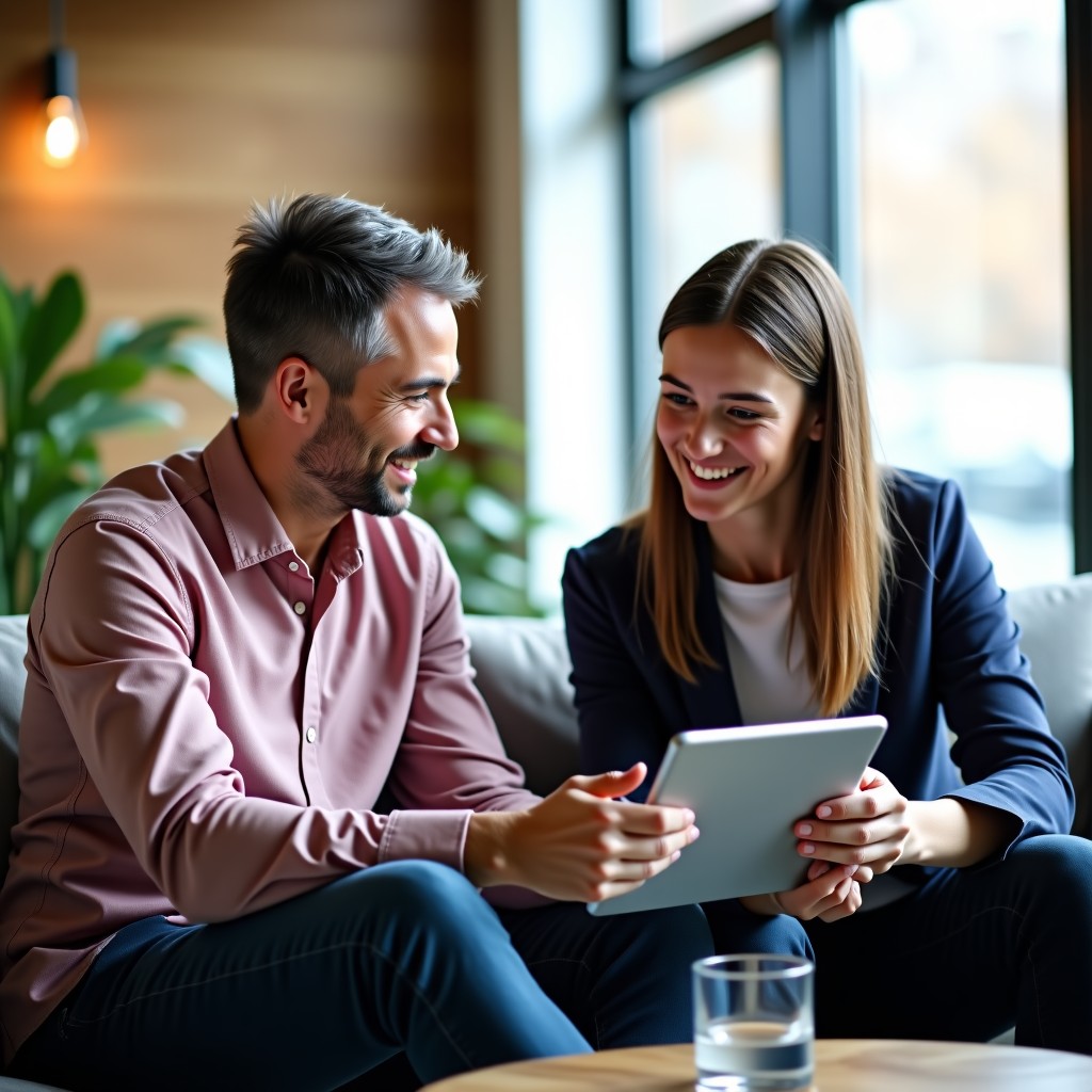 An experienced senior professional mentoring a young junior employee in a comfortable lounge area of a modern office. They are looking at a tablet together and discussing ideas warmly. Lifestyle photography style, soft natural lighting. 4:3