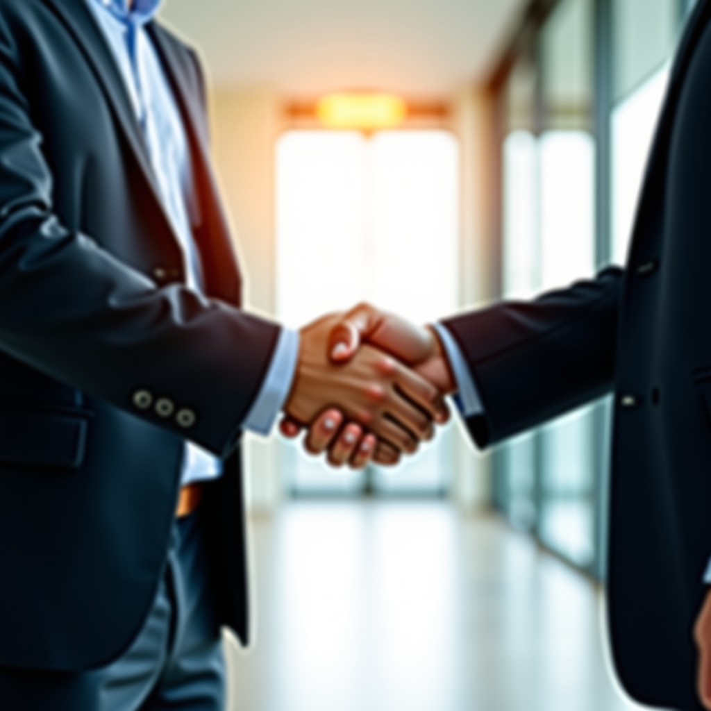 Close-up of two business professionals shaking hands in a bright modern office lobby. Out of focus professional background with soft bokeh. Symbolizing trust and successful partnership. High quality lifestyle photography. 1:1