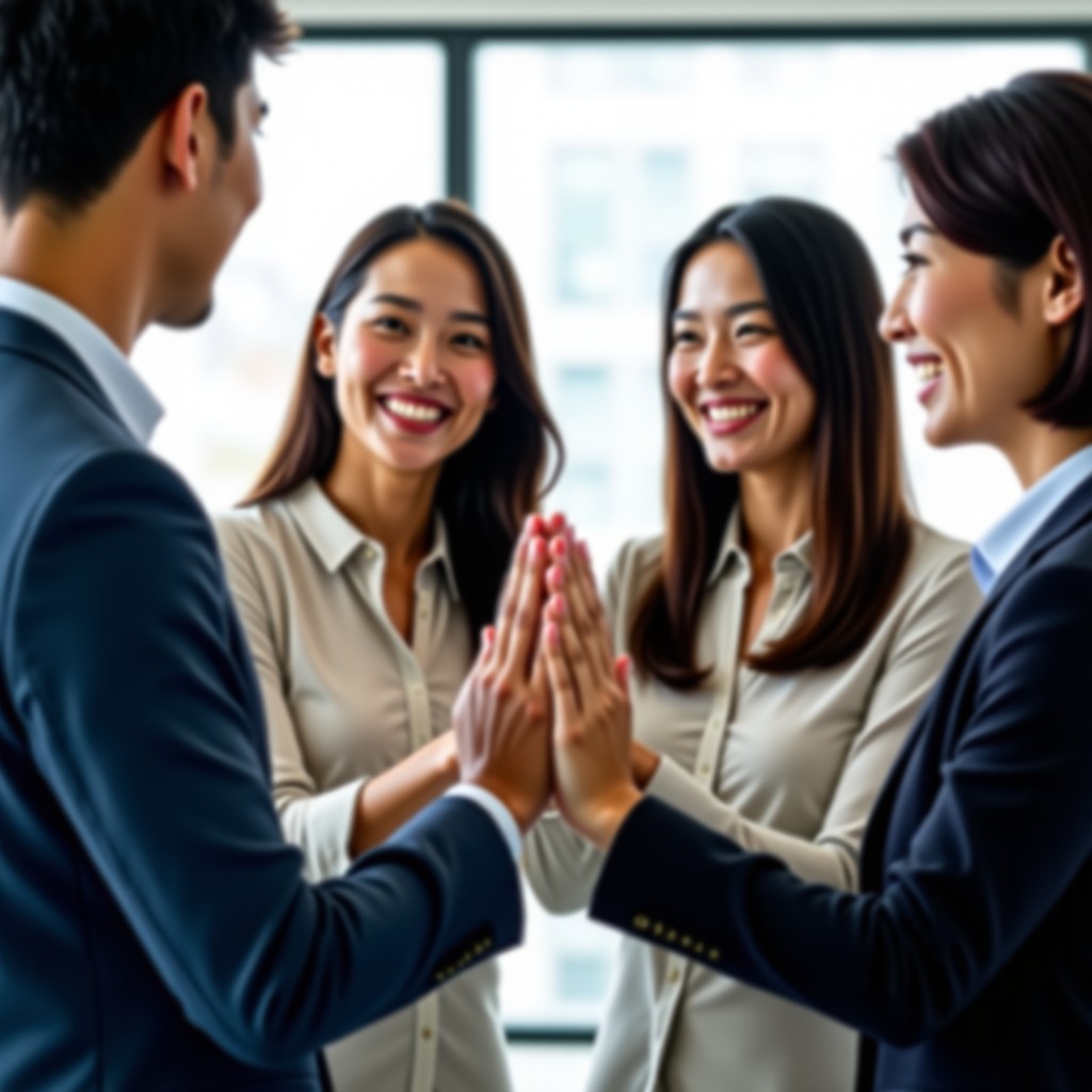 A group of professional colleagues including Korean men and women smiling and giving high-fives in a modern office. The scene is bright and full of positive energy with a blurred background. 4:3