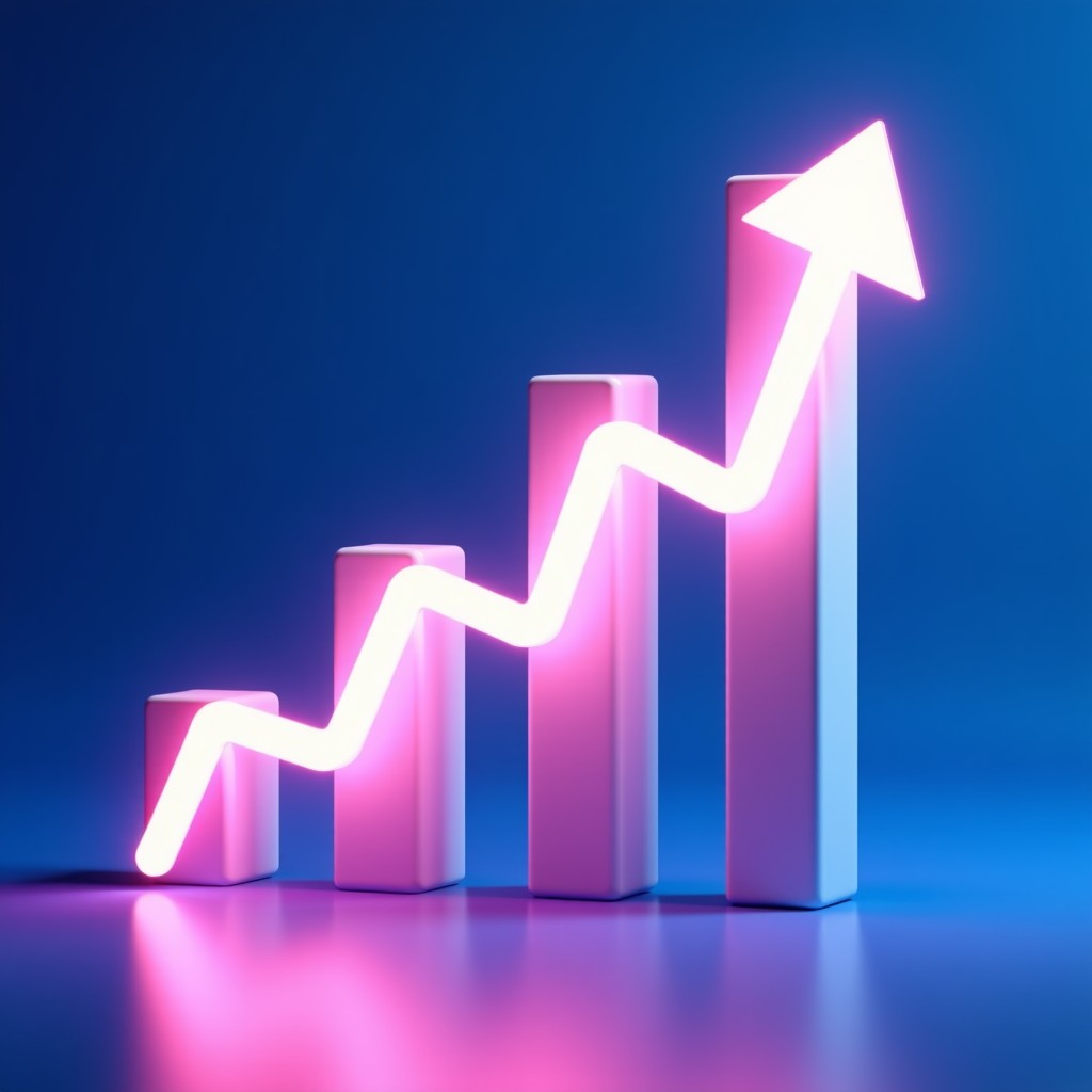 An abstract 3D visualization of growth with an upward trending graph and glowing digital arrows. Vibrant blue and purple gradient background, professional and clean composition, high-quality 3D render, 1:1