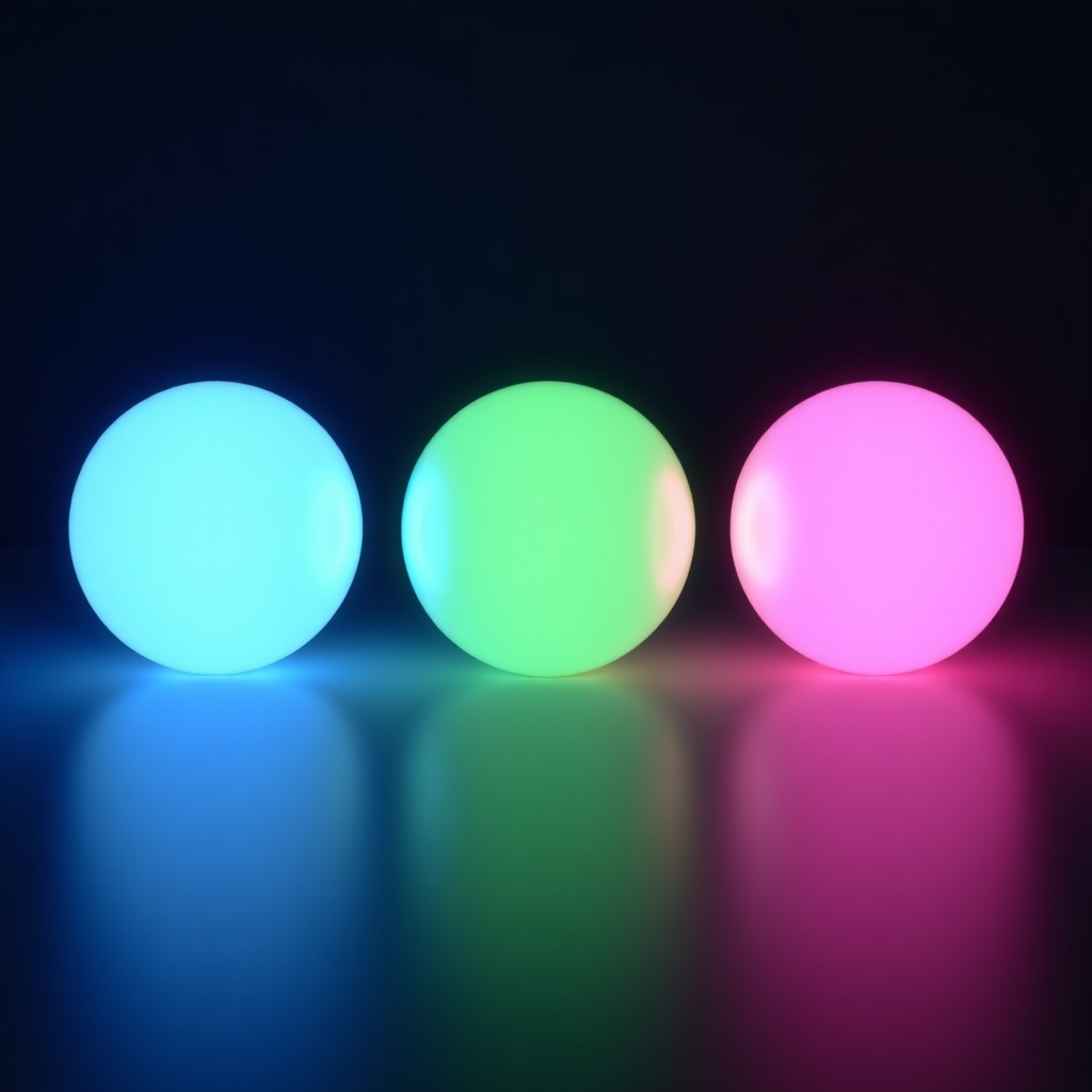 Three distinct glowing orbs in blue green and pink representing different personality styles of an AI assistant with a soft dark background. 4:3