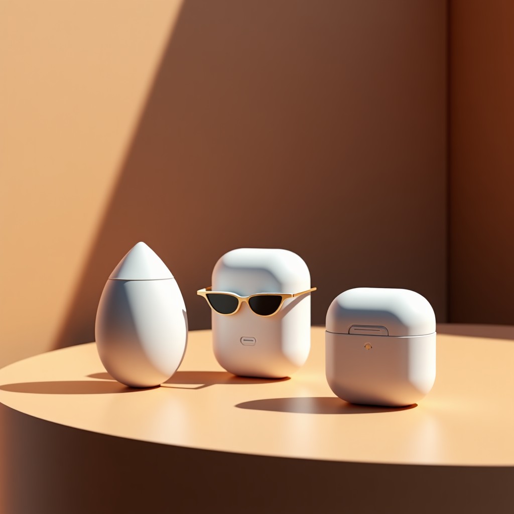 A sleek and minimalist presentation of three futuristic Apple AI wearable devices including a smart pendant, high-tech glasses, and advanced earbuds, displayed on a wooden surface with soft studio lighting, premium Apple design aesthetic, no text, 4:3