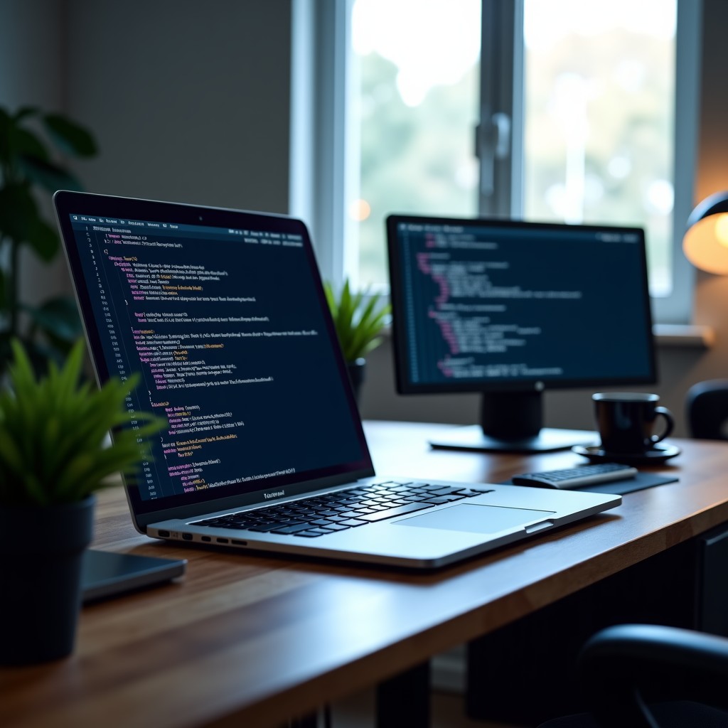 A modern and clean workspace of a software developer. A high-end laptop and a secondary monitor display complex lines of code. The lighting is soft and professional with a small desk plant and a cup of coffee. No text on screens. 4:3