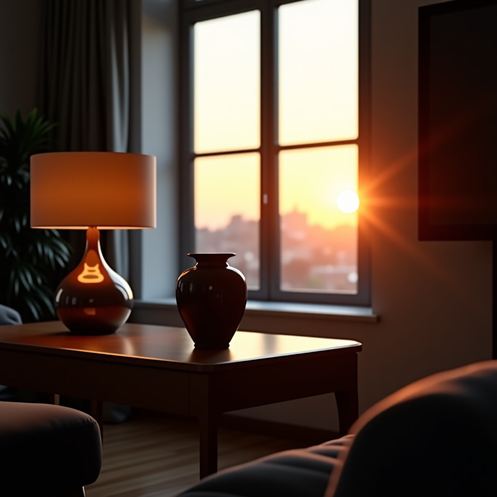 A lifestyle photograph of a luxury modern living room. On a wooden side table next to a designer lamp sits a black urn-shaped speaker. The sun is setting outside through a large window, casting warm light. The atmosphere is sophisticated and slightly mysterious. 4:3
