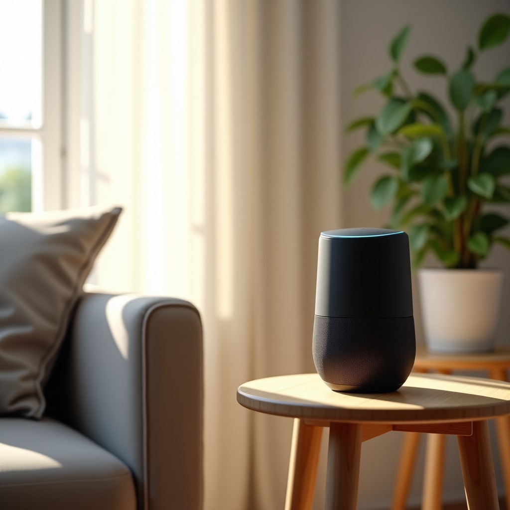 A modern smart speaker sitting on a wooden side table in a bright minimalist living room with soft sunlight filtering through curtains. 4:3