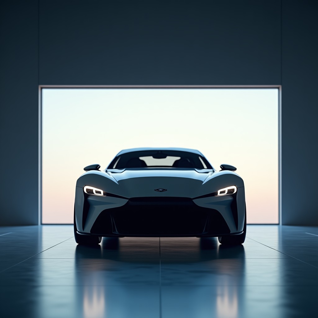 A high-end luxury car parked in a modern minimalist garage, viewed through a digital tablet screen showing AI interface icons. Soft evening lighting. 4:3