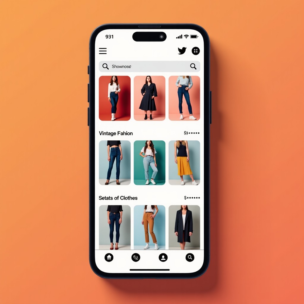 A modern and sleek user interface of a mobile shopping app focused on vintage fashion and secondhand clothing, high-quality product photography thumbnails, vibrant colors, 4:3