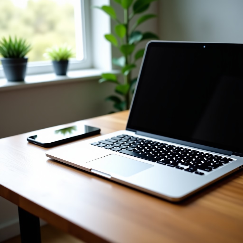 A sleek collection of modern Apple hardware including a smartphone, a laptop, and a tablet arranged on a minimalist oak desk with soft natural lighting from a window. The style is clean lifestyle photography with a shallow depth of field. 4:3