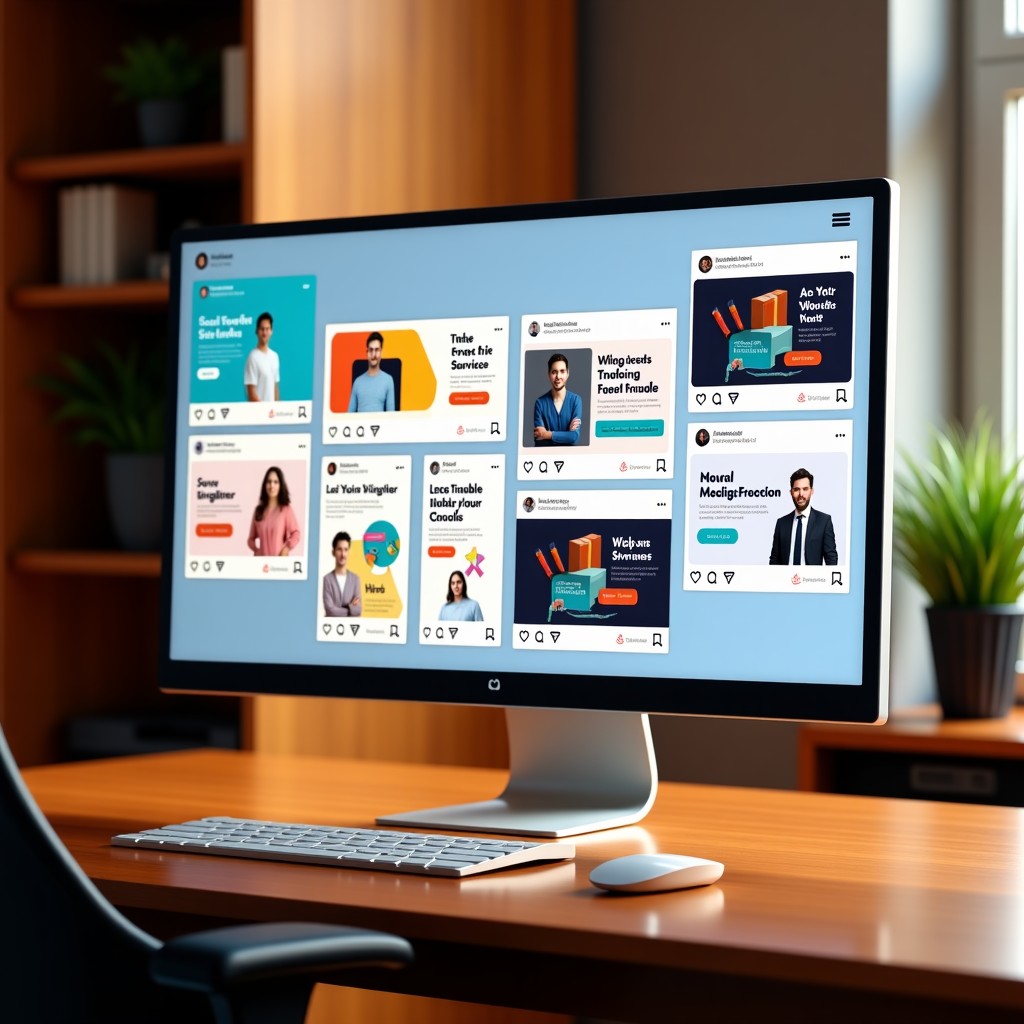 A collection of stylish social media marketing templates displayed on a large high-resolution monitor. The designs are colorful and modern. The room is a minimalist home office with warm wooden accents. 4:3