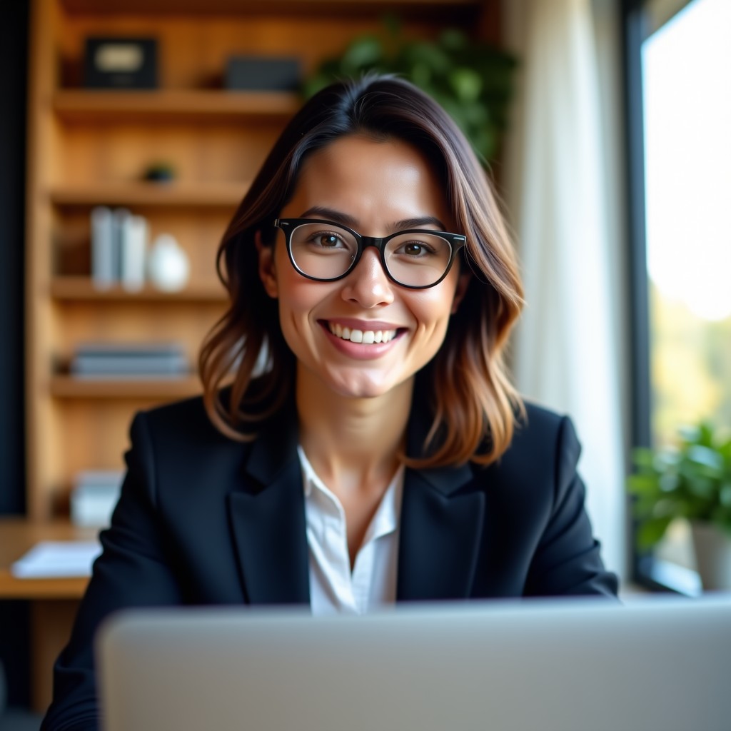 A professional business person in a smart-casual attire having a video conference in a stylish home office. Warm natural lighting and a clean background. Authentic and focused expression. 4:3