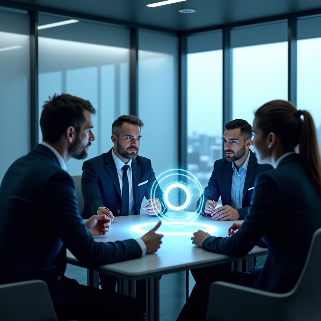 Professional tech experts discussing AI concepts in a modern glass-walled conference room, sleek interior design, soft cinematic lighting, focus on a holographic display of a circular device. 16:9