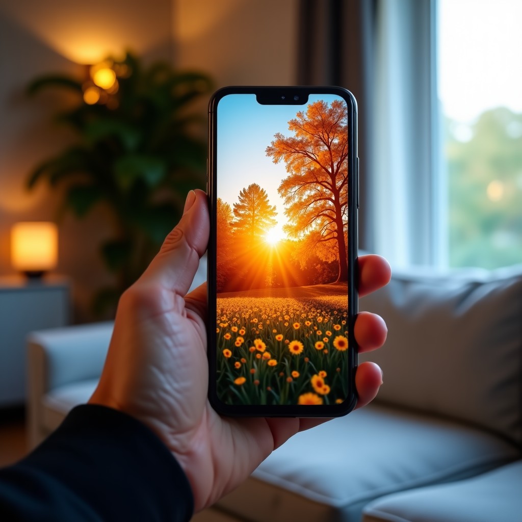 A person holding a sleek modern smartphone displaying a vibrant vertical video of a colorful nature scene. The background is a blurred modern living room with soft lighting. 4:3