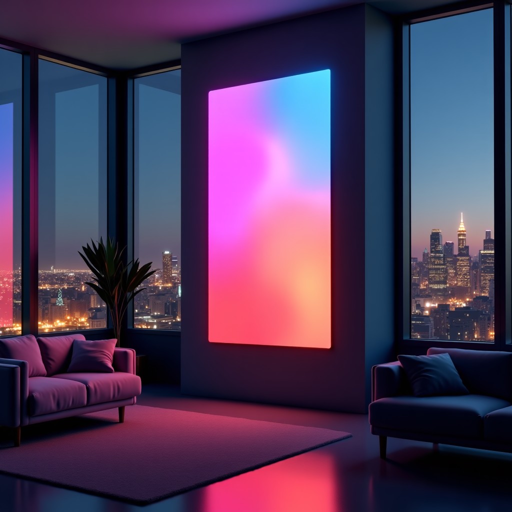 A large vertical display showing a colorful YouTube Shorts video floating in a modern urban apartment at night. City lights in the background, clean interface, realistic textures. 4:3