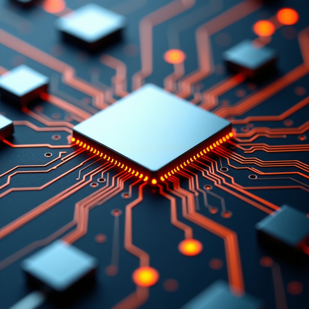 Macro view of an intricate wafer scale engine semiconductor with complex microscopic pathways and high-tech metallic texture, 4:3