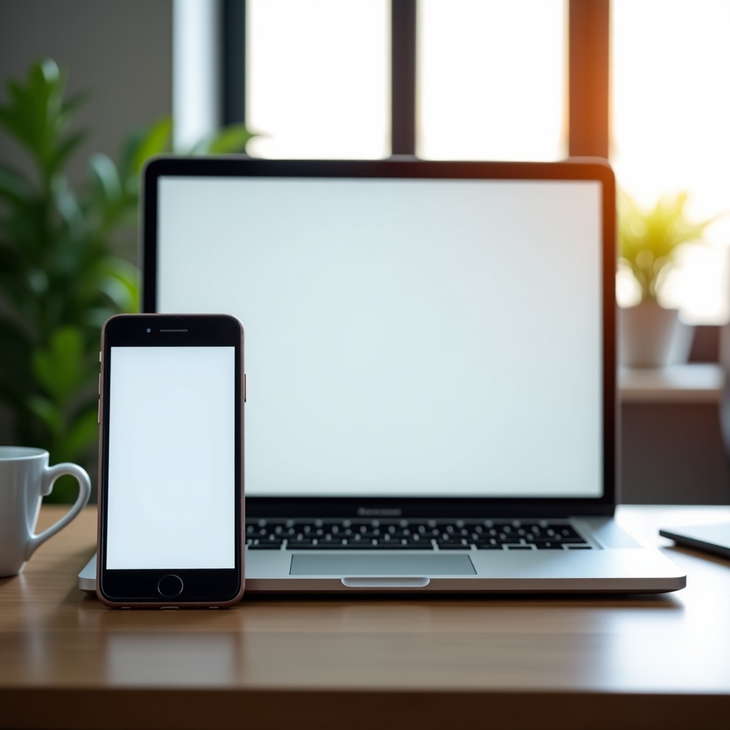 A high-quality professional photography showing a modern office desk with a laptop, smartphone, and tablet. The screens display various social media layout templates with different aspect ratios like 4:5 and 9:16. Bright natural lighting, clean aesthetic, no text on screens. 4:3
