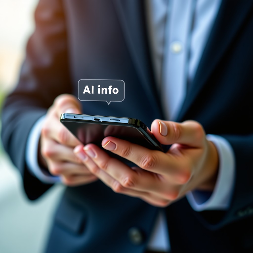 Close-up of a hand holding a modern smartphone, an app interface showing a subtle 'AI info' tag under a post, realistic screen glow on fingers, professional lifestyle photography, 1:1