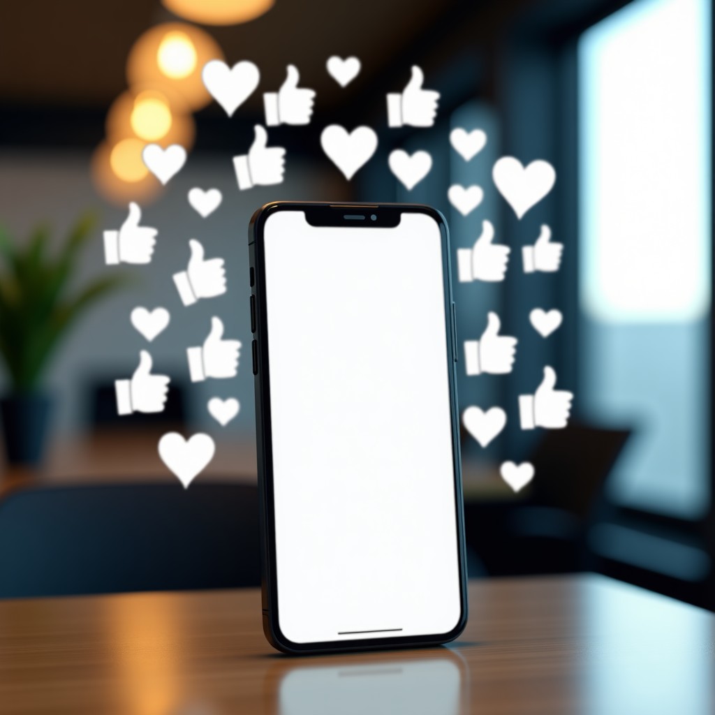 A smartphone screen showing a viral social media post with many likes and heart icons floating around it. The background is a blurred office environment with soft lighting. Modern and clean aesthetic. 4:3