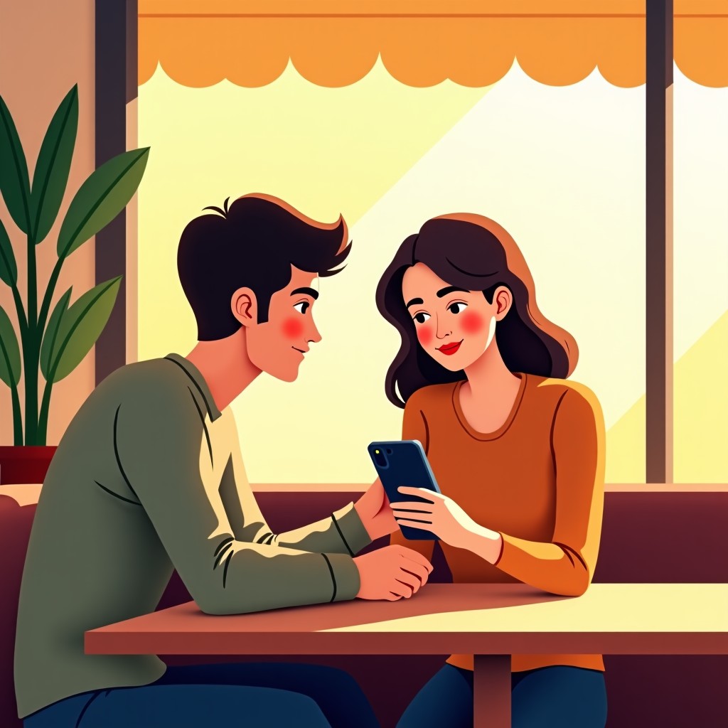 Two young adults in a sunny cafe looking at a phone screen and discussing calmly. The atmosphere is warm and safe. 4:3