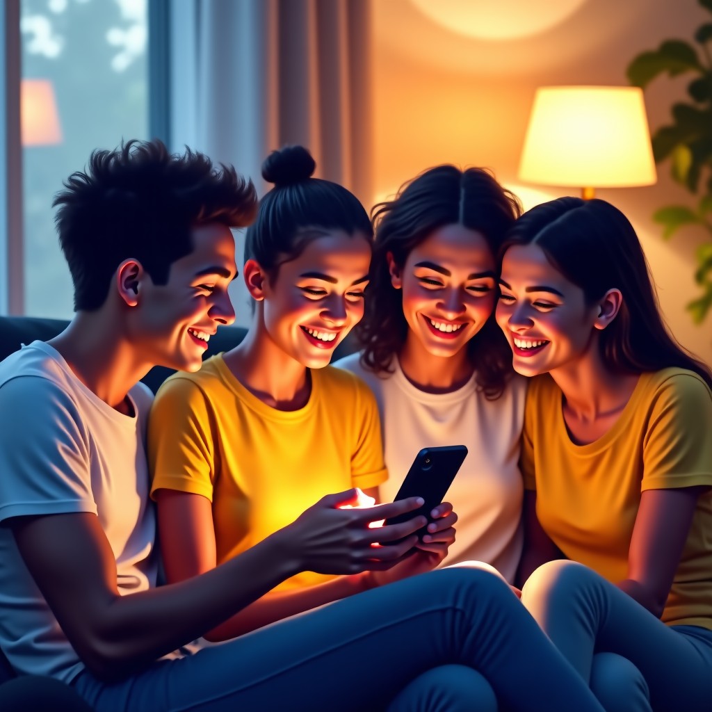 A diverse group of young adults looking at a smartphone screen together laughing and cheering in a bright modern living room. Warm and vibrant composition, high-quality digital art style, 4:3