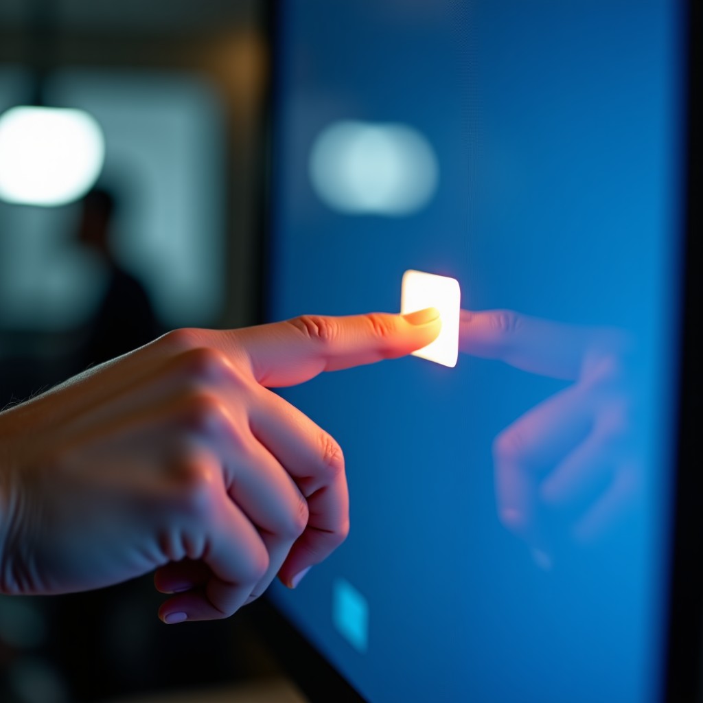 Close-up of a person clicking an update button on a modern computer screen, bright and balanced lighting, 4:3