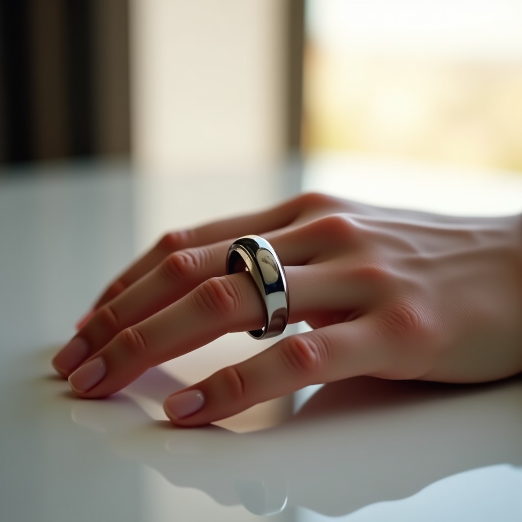A close up shots of a sleek and modern metallic smart ring called CUDIS on a human finger. The background is a soft morning light in a minimalist room. The ring has a high quality finish. No text on the image. 4:3