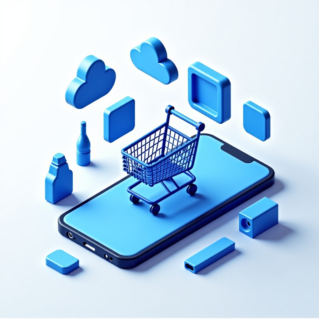 A conceptual illustration of a digital shopping cart floating above a smartphone screen, with icons of home appliances and gadgets surrounding it. Bright blue and white color palette. 4:3