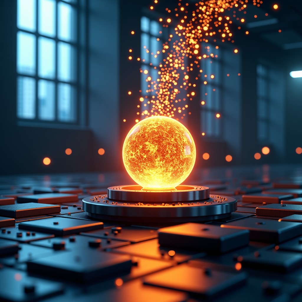 Thousands of text bubbles and data particles flowing from a large glowing orb into a smaller processor, representing the process of model distillation and knowledge transfer, high-tech laboratory setting, 4:3