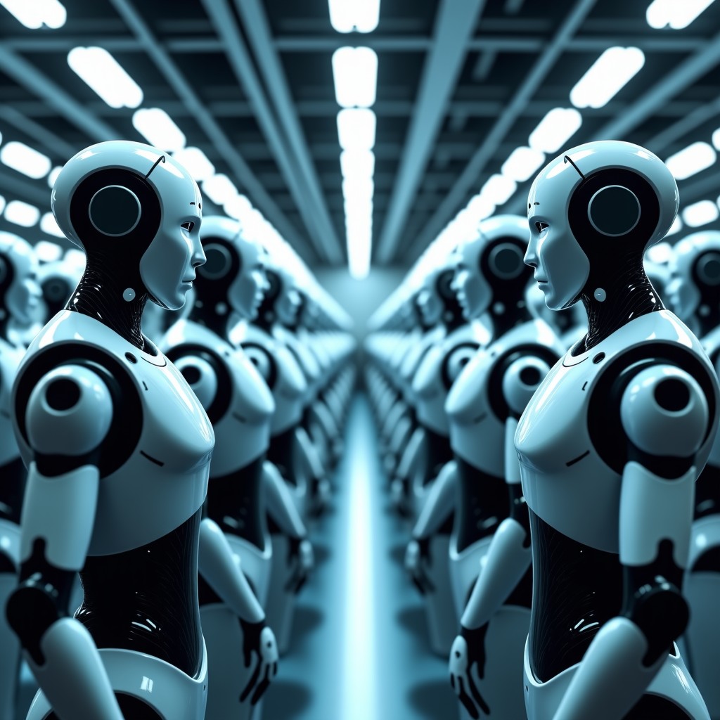 A wide-angle view of a futuristic smart factory where multiple collaborative robots are working together seamlessly, high-tech industrial lighting, cinematic composition, 4:3