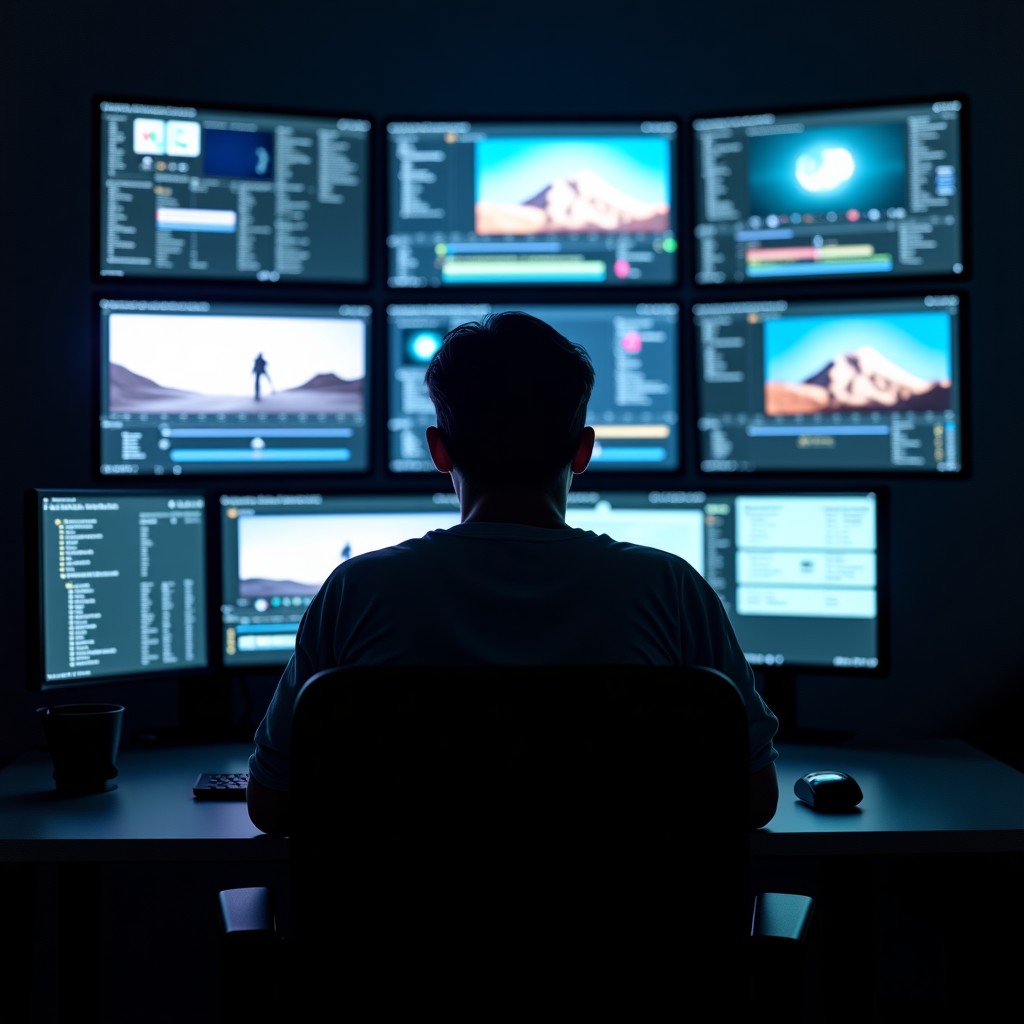 A lone filmmaker sitting in a dark room surrounded by multiple glowing screens displaying complex video editing software and AI generation tools, cinematic lighting, 4:3