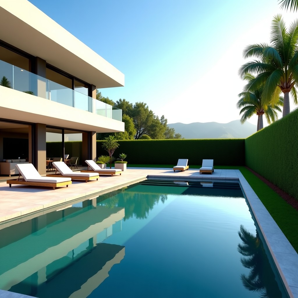 A large modern luxury villa with a private swimming pool and a spacious patio, sunny day, lush green garden in the background, high-end travel destination vibe, cinematic lighting, 4:3