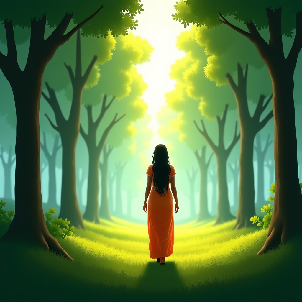 An Indian woman walking through a serene green forest, looking at the sky, soft sunlight filtering through trees, peaceful atmosphere, realistic photography, 4:3
