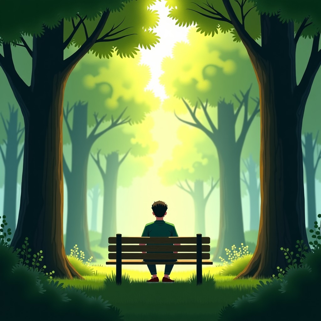 A serene scene of a person sitting on a wooden bench in a lush green forest, looking at the sunlight filtering through trees. There are no electronic devices in sight. The lighting is soft and natural, evoking a sense of peace and reconnection with nature. Detailed composition, 1:1