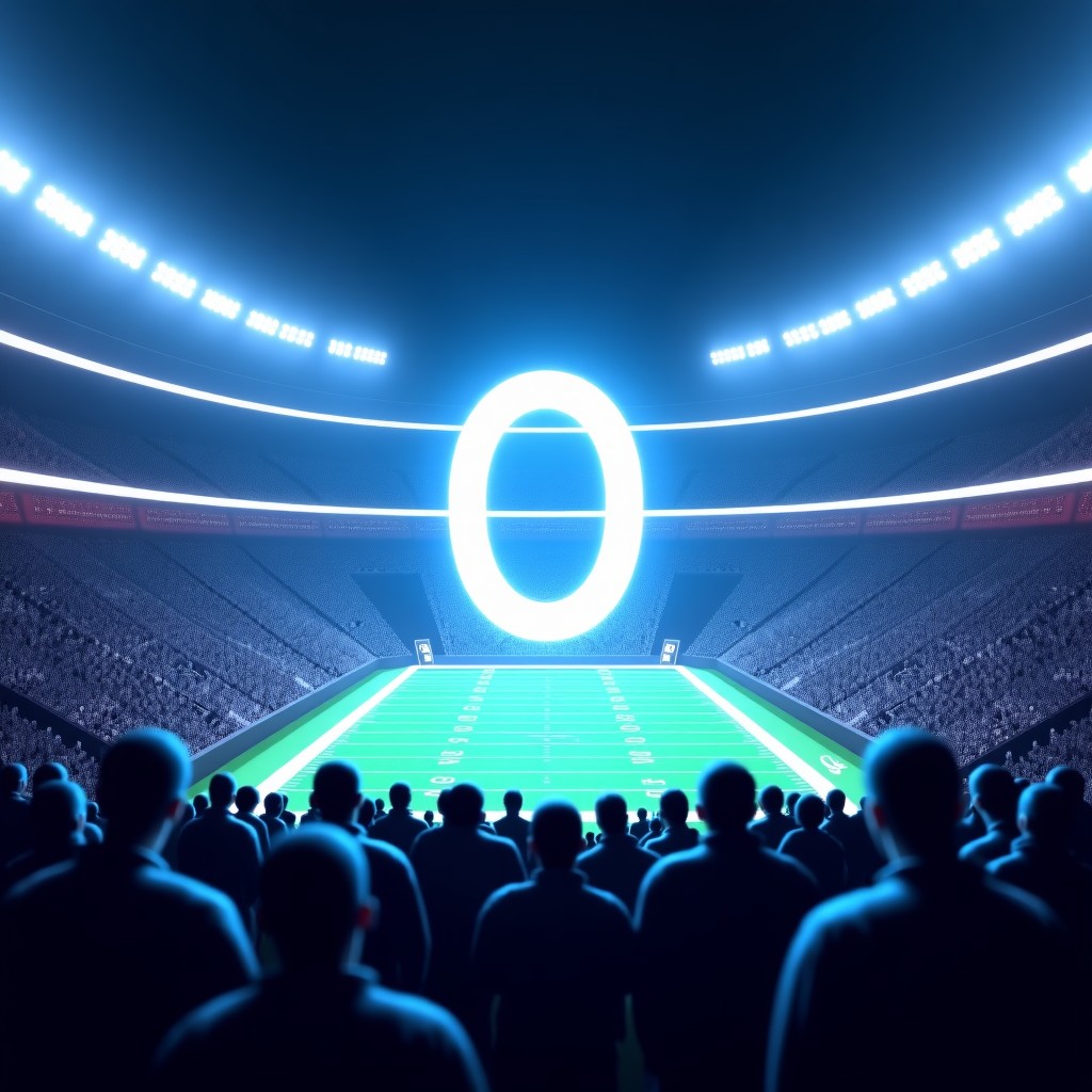 A futuristic OpenAI logo glowing in the center of a crowded American football stadium during a major championship event, cinematic atmosphere, high contrast, vibrant lighting, modern tech aesthetic. 16:9