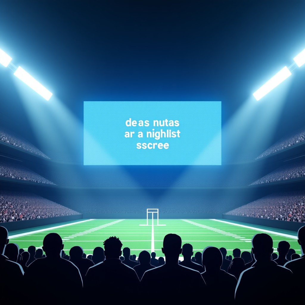A wide shot of a futuristic American football stadium during a game. The massive digital scoreboard displays a minimalist message about AI ethics and technology. Vibrant atmosphere, crowd cheering, cinematic lighting. No visible text. 4:3