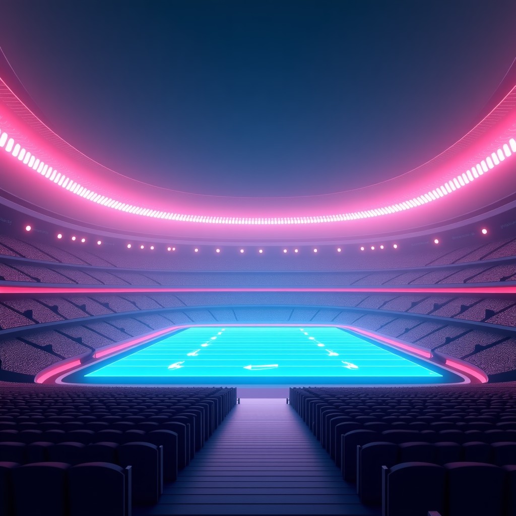A futuristic Super Bowl stadium at night with vibrant neon lights and digital AI holograms floating in the air. High contrast, modern cinematic photography style. 4:3