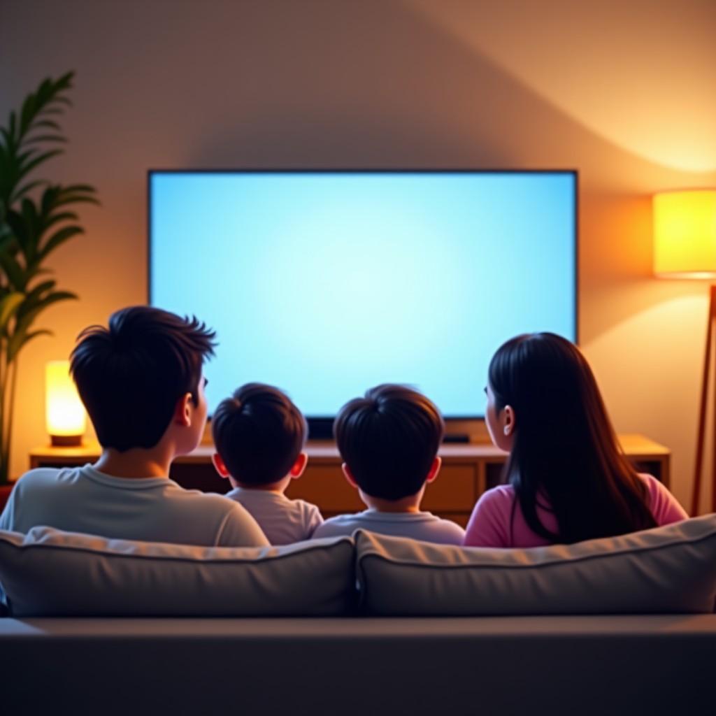 A happy Korean family sitting on a cozy sofa in a modern living room watching a big TV screen. Natural expressions, warm evening lighting. 4:3