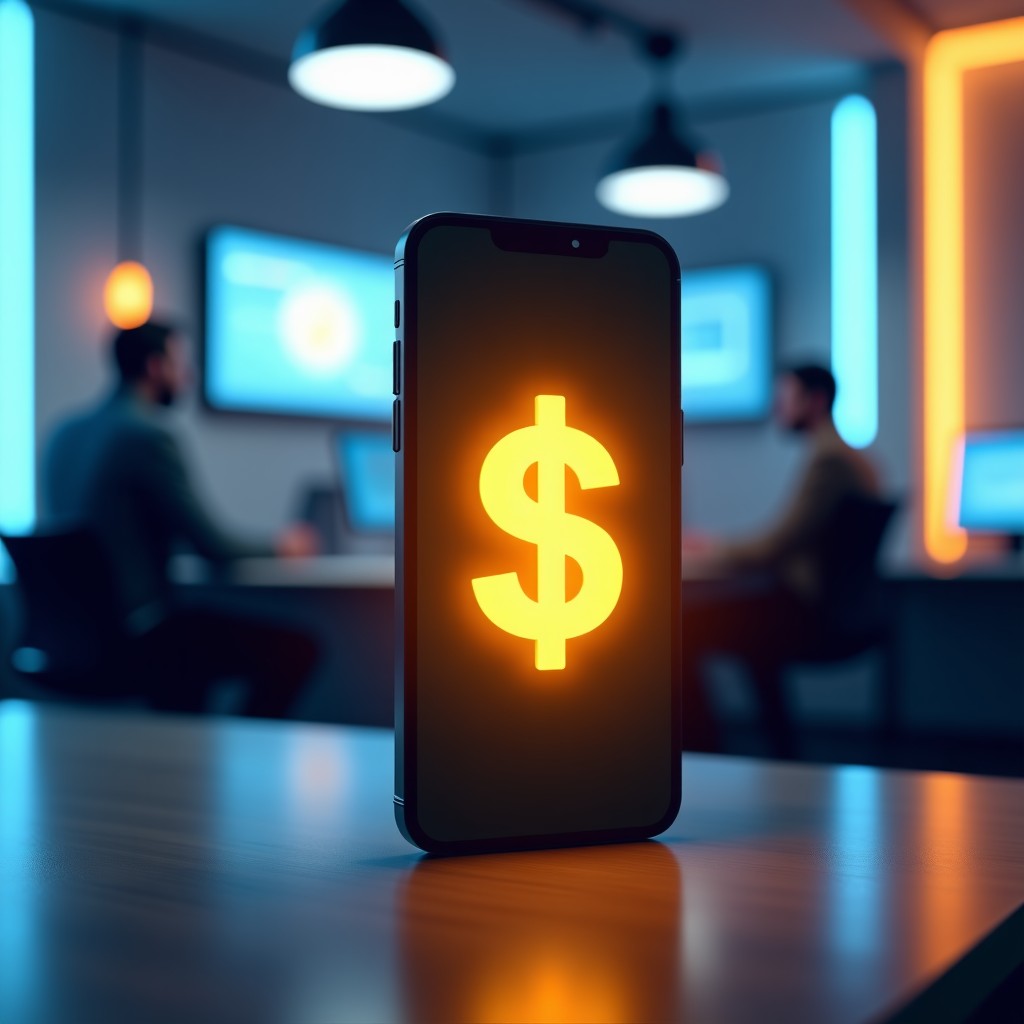 A sleek modern smartphone displaying a social media interface with a glowing gold $1B symbol on the screen. The background features a clean futuristic office environment with soft neon lighting. High quality photography style, 1:1