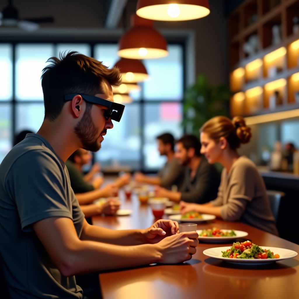A person looking at a meal in a restaurant through smart glasses, with a clean and bright atmosphere. The focus is on the interaction between the person and the surroundings. Realistic lighting, 4:3