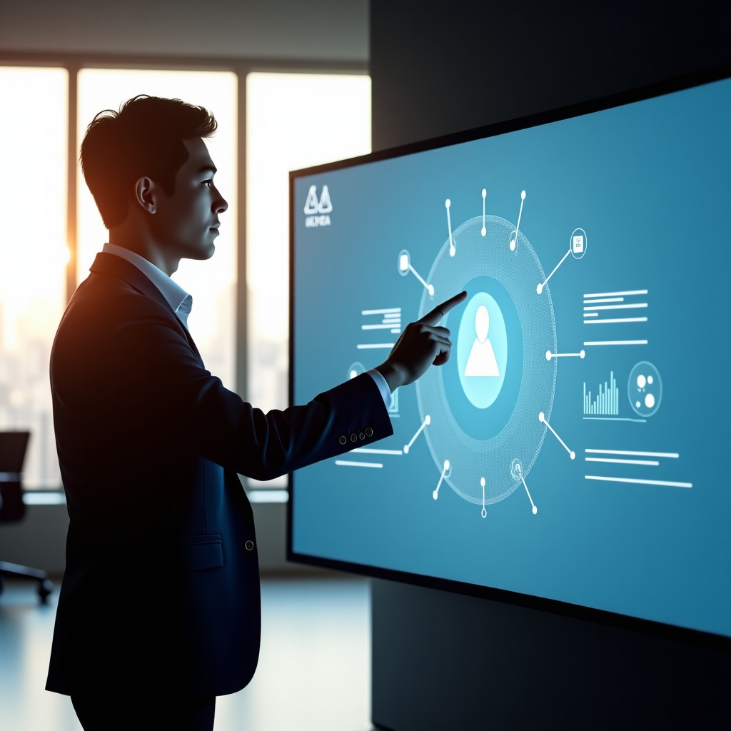 A professional office setting where a Korean office worker is interacting with a sophisticated AI interface on a large monitor. The interface shows interconnected data nodes and clean search bars. Natural sunlight filters through a window. High contrast, modern corporate atmosphere, 4:3.