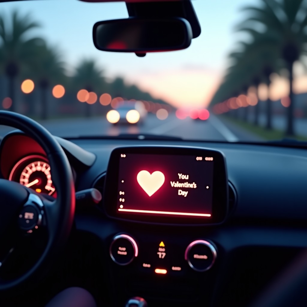 A modern car dashboard screen displaying a glowing heart icon and a Valentine's Day greeting message, cinematic lighting, futuristic interior of a Smart #1 car, soft evening light coming through the window, 4:3