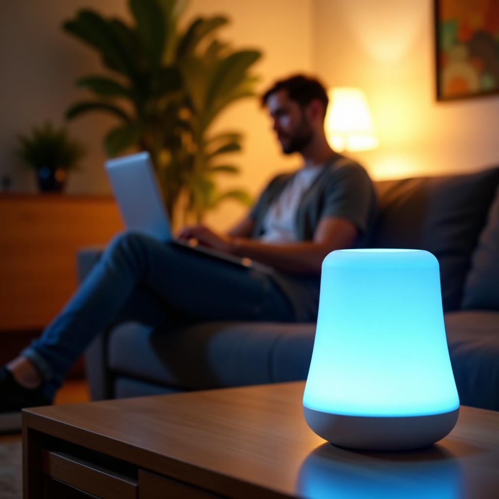 A modern smart home interior with a futuristic smart speaker glowing with soft blue light on a wooden table. A person is sitting comfortably on a sofa in the background, interacting with the device. High-quality lifestyle photography, warm natural lighting, 4:3