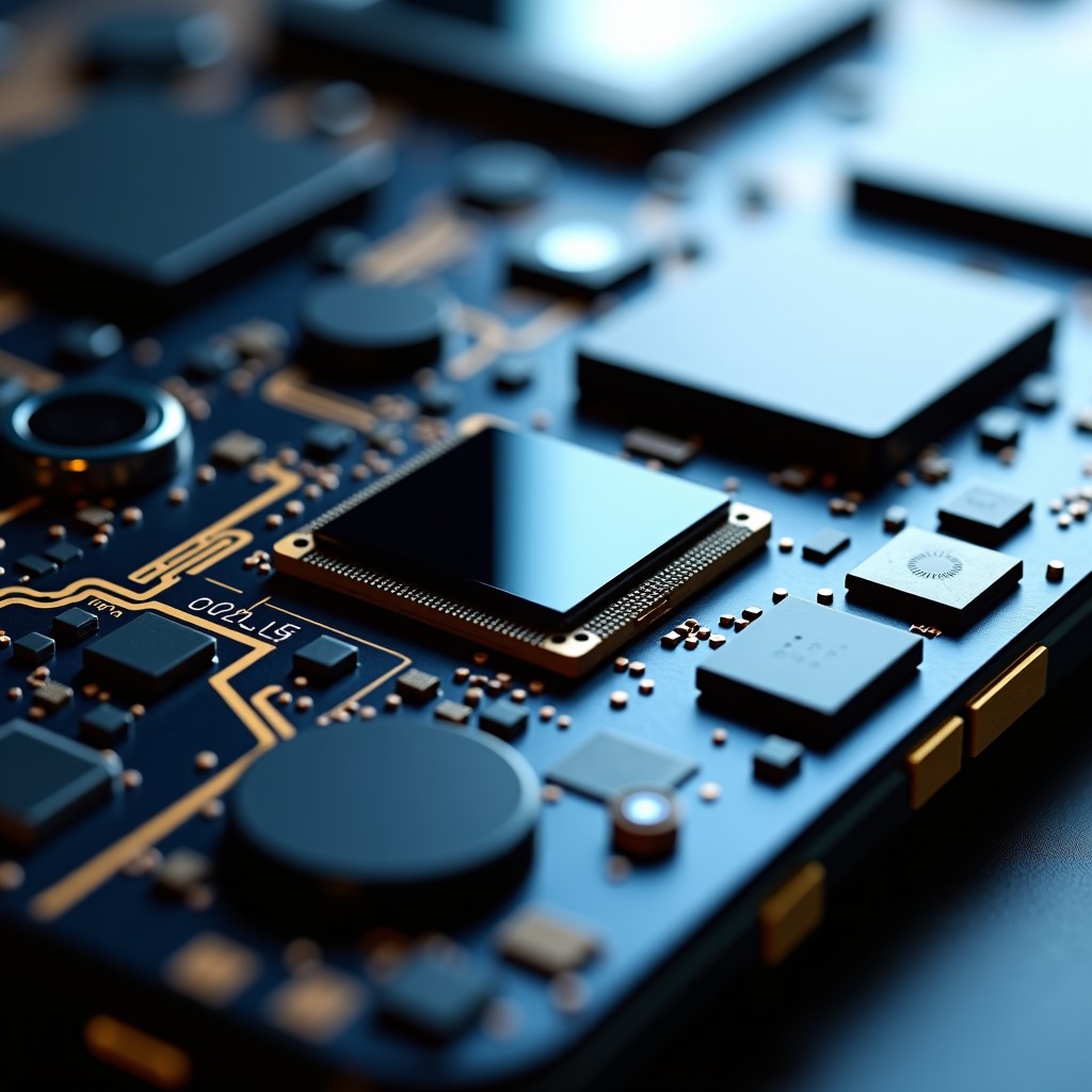 Close-up of high-tech smartphone internal components, including a powerful mobile processor, camera lenses, and gold-plated circuit paths, clean and technical layout, high contrast lighting. 4:3