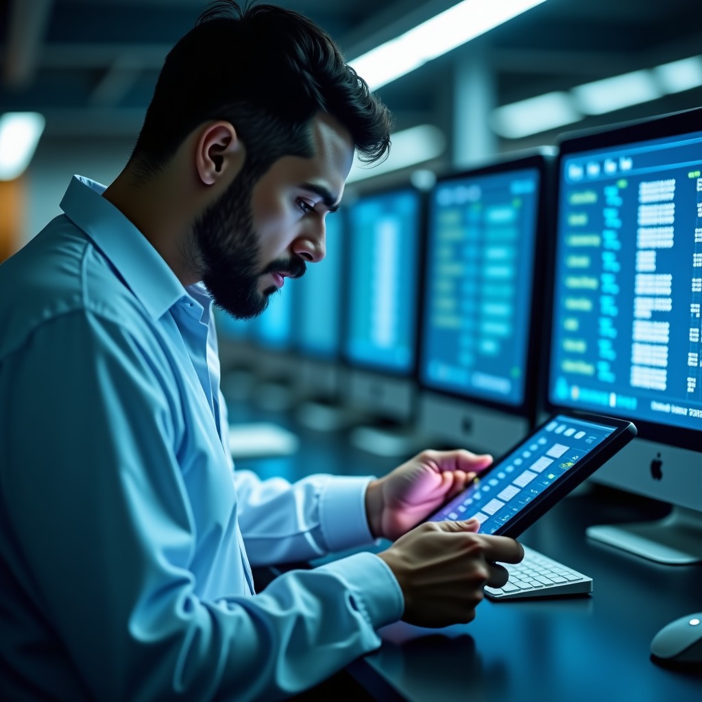 A close up shot of a forensic investigator using AI software on a tablet to analyze and translate encrypted smartphone data, realistic laboratory setting, focus on digital interface, 4:3