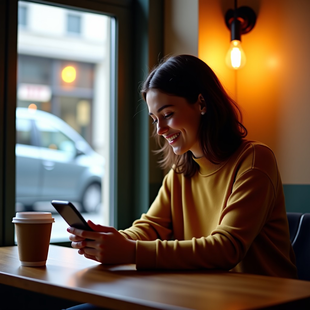A young person sitting in a cozy modern cafe, looking at a dating app interface on their smartphone screen. The atmosphere is warm and relaxed, with soft natural lighting from a window. High-quality lifestyle photography, 4:3