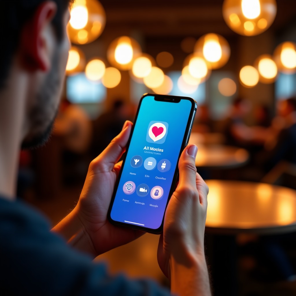 A high-quality lifestyle photography of a person holding a modern smartphone displaying a sophisticated dating app interface with abstract AI matching visual elements. The background is a stylish dimly lit cafe with soft bokeh. 4:3