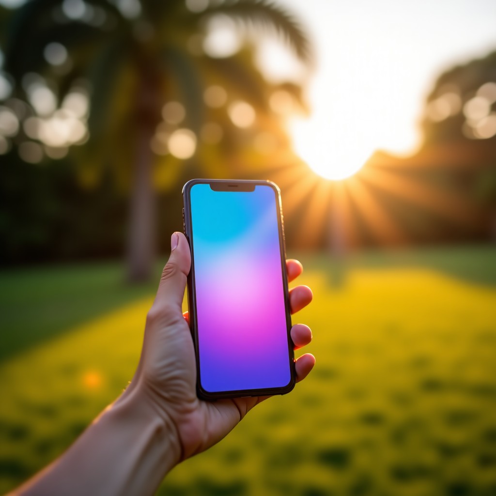A smartphone screen glowing brightly under direct sunlight in a park, showing vibrant colors, focus on the screen clarity, professional photography. 1:1