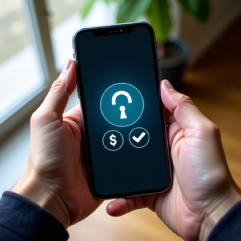 A close-up of a person's hands holding a smartphone displaying a security lock and privacy icons, natural indoor lighting, lifestyle photography. 1:1