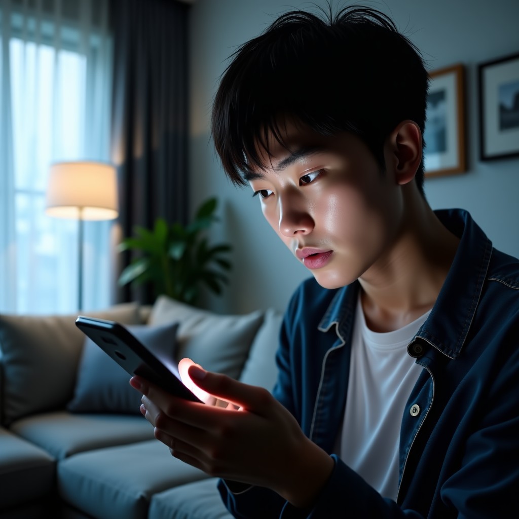 A Korean person looking at a security camera feed on their smartphone with a concerned expression, dimly lit modern living room in the background, realistic lifestyle photography, 4:3